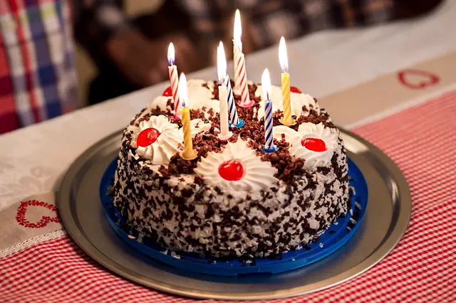 Black forest birthday cake with lit candles